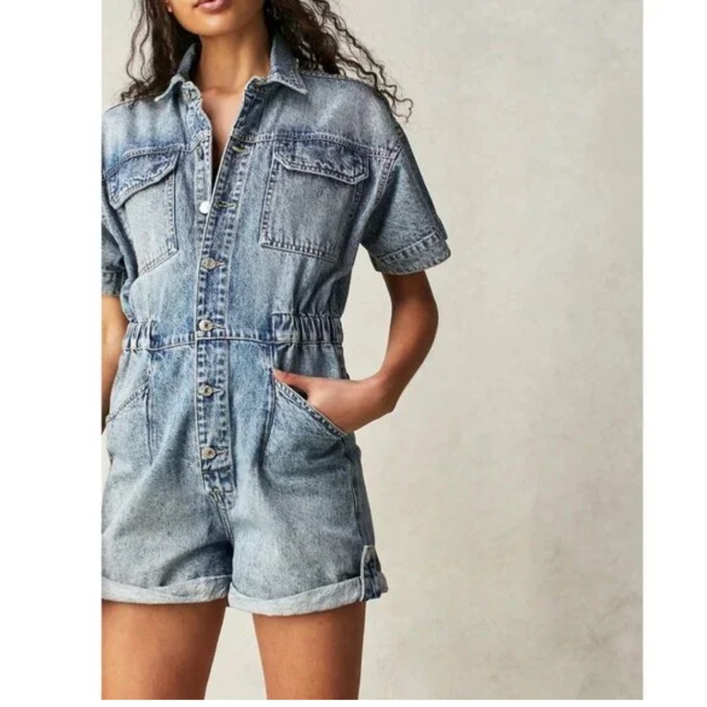 We The Free Light Blue Denim short Jumpsuit